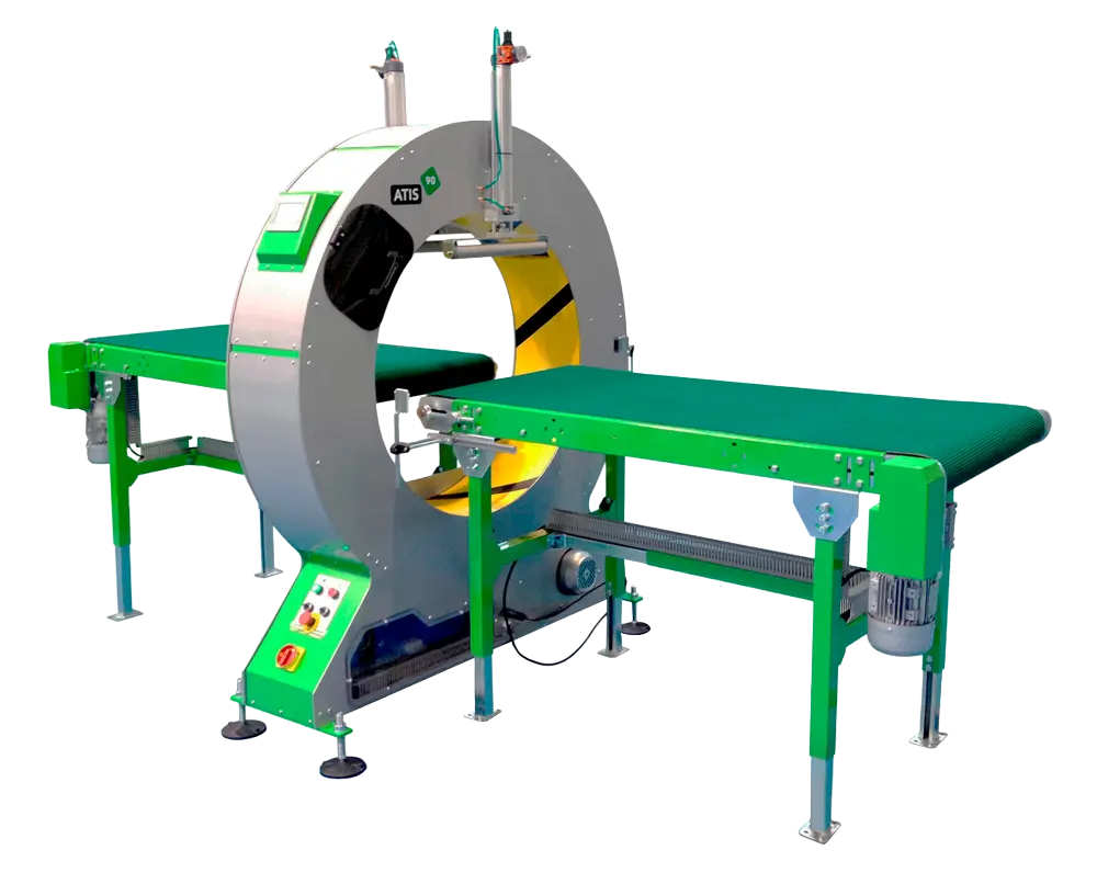 Plasticband orbital wrapper with conveyor