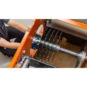 Wood-Mizer EG350 multirip blades on the arbor, with the saw unit open