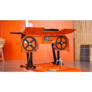 Wood-Mizer LX30 sawhead and blade wheels in a showroom