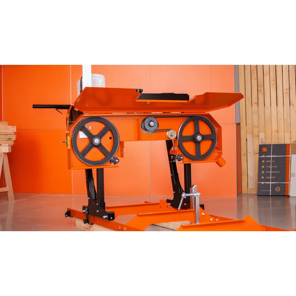 Wood-Mizer LX30 sawhead and blade wheels in a showroom